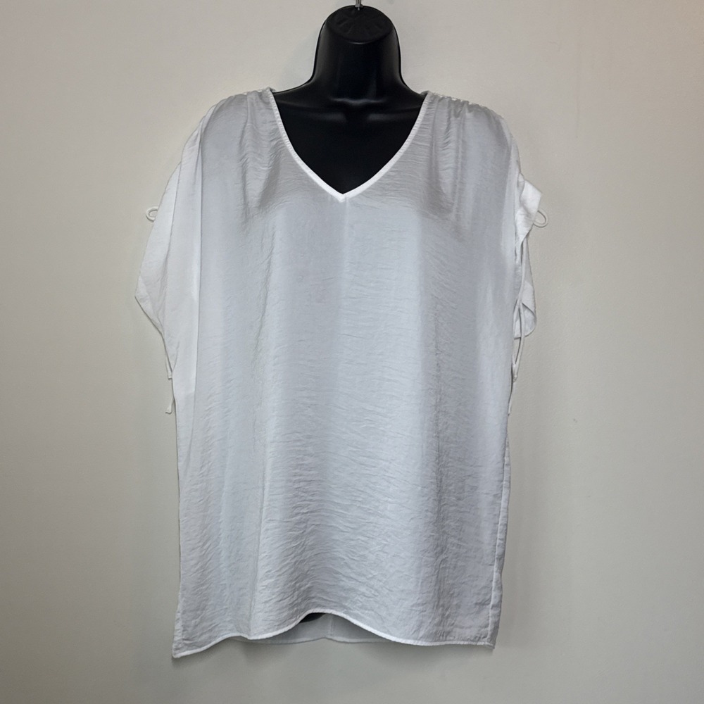 Cabi Seaside Blouse Adjustable Tie Sleeves White Oversized V Neck Size Small